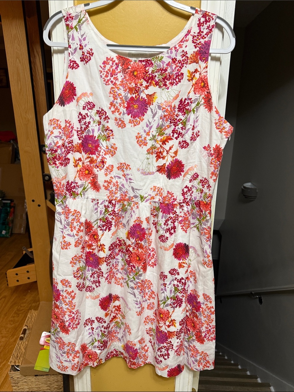 Garnet Hill Cotton Floral Sundress White w/ Pink & Orange Floral Fit & Flare 14
